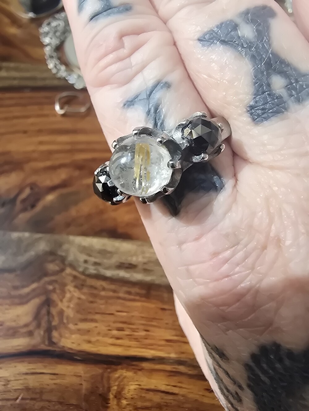 Evil Pawn Jewelry 3-stone Persephone Ring In Gold Rutile And Obsidian - Picture 3 of 7
